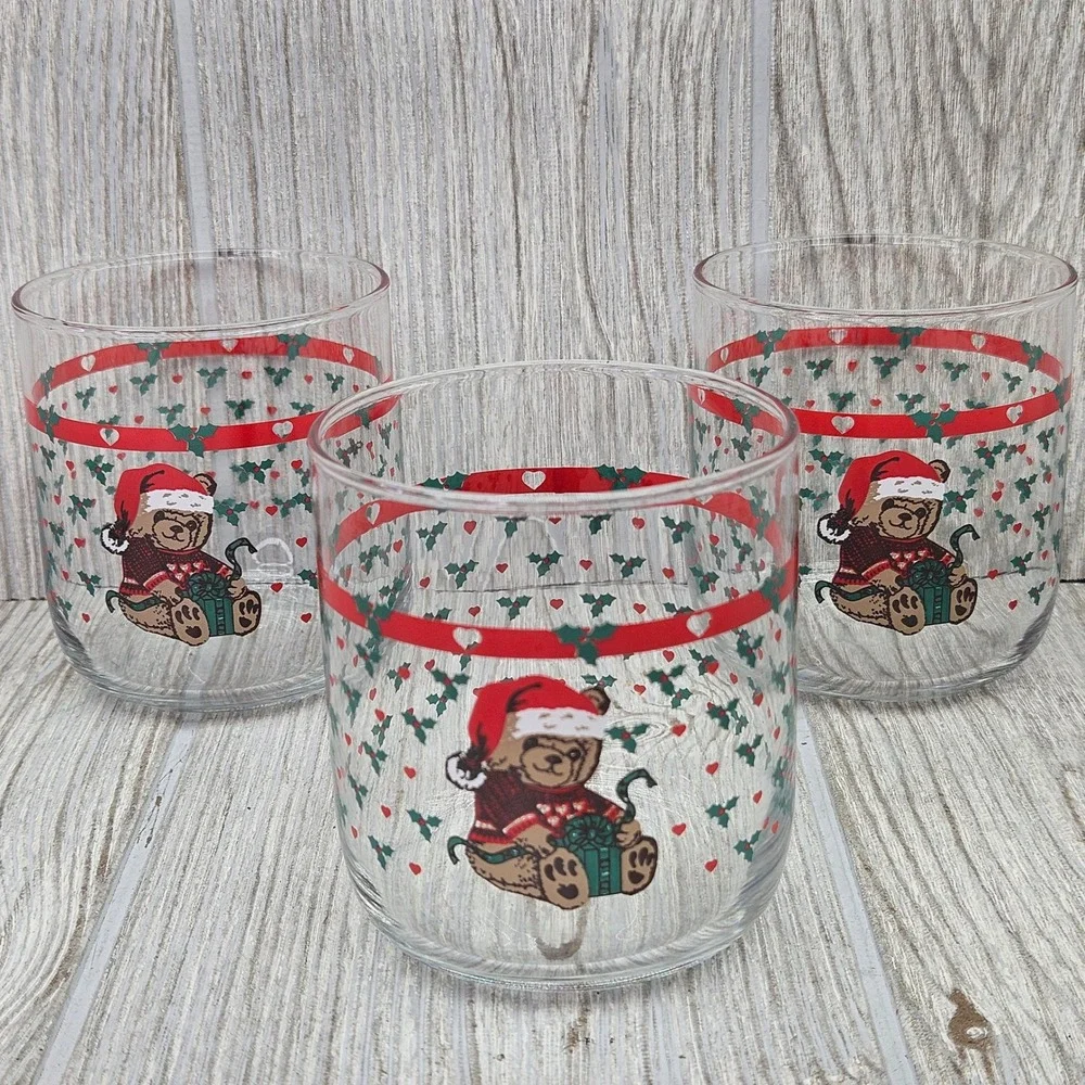 Tienshan Country Christmas Teddy Bear Old Fashioned Juice Glasses Set of 3